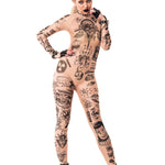 Dynamic front view of REBEL TATTOOS (black) Tattoo Catsuit for Women – model highlighting fingerless gloves, adding bold attitude and energy.