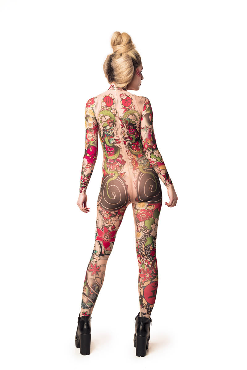Detailed close-up of Yakuza Style tattoo catsuit – full back design.