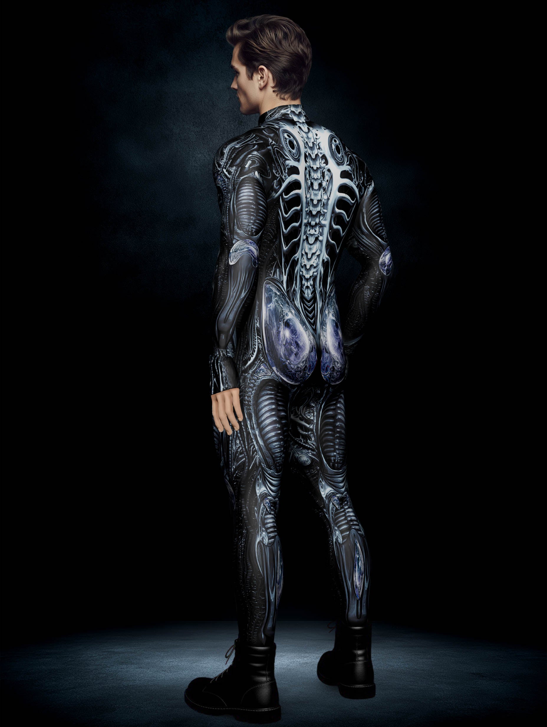 Black & silver alien armor costume  - half back view