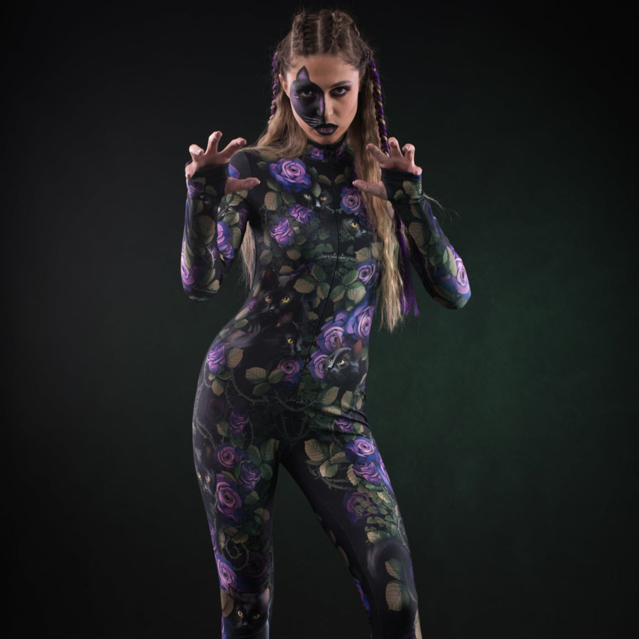 Halloween costume with black cats and violet rose pattern