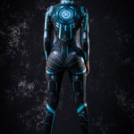 Back view of Blue Cyber Hero full body catsuit, displaying sleek design and cyber-inspired details ideal for Halloween and sci-fi parties.