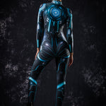 Rear view of Blue Cyber Hero catsuit with model’s head turned sideways, highlighting detailed design and sleek fit for cyberpunk cosplay.