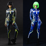 Woman wearing the Cyber Tron UV Reactive costume, a sleek bodysuit with glowing neon details, perfect for Halloween parties or festival events.