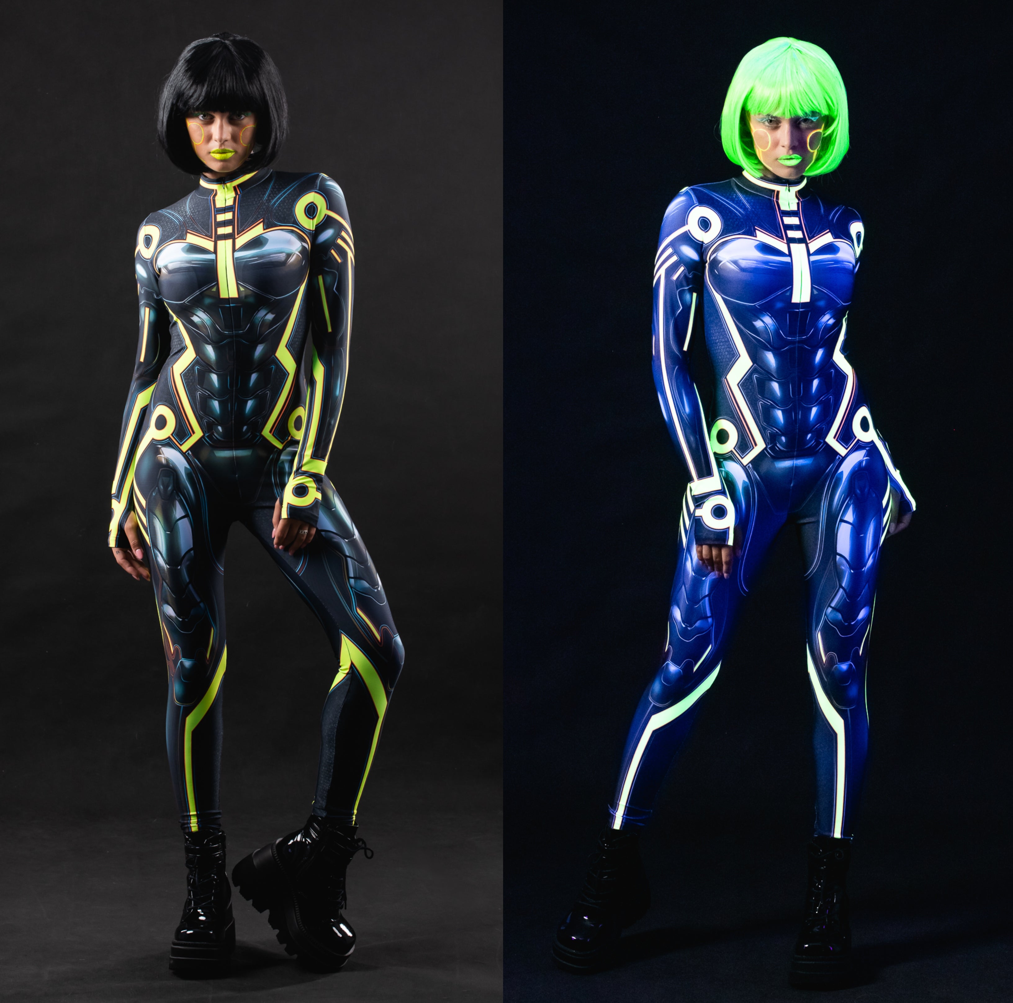 Woman wearing the Cyber Tron UV Reactive costume, a sleek bodysuit with glowing neon details, perfect for Halloween parties or festival events.