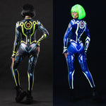 Back view collage with UV glow and natural light of Cyber Tron Catsuit – from behind, the design keeps its edge.