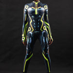 Front view of the Cyber Tron catsuit in daylight – clean lines and sci-fi inspired design without UV lighting.