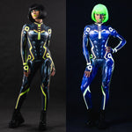 UV vs. daylight collage of the Cyber Tron UV reactive catsuit in a dynamic pose with hand on leg – shows fit and flexibility.