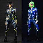 Collage showing UV and non-UV front views of the Cyber Tron catsuit in a confident power pose.