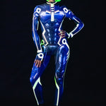 Front view of the Cyber Tron UV reactive catsuit glowing under blacklight – sleek, bold and futuristic.