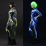 Side view collage of UV and non-UV looks of Cyber Tron Catsuit – shows curve-hugging silhouette and futuristic print.