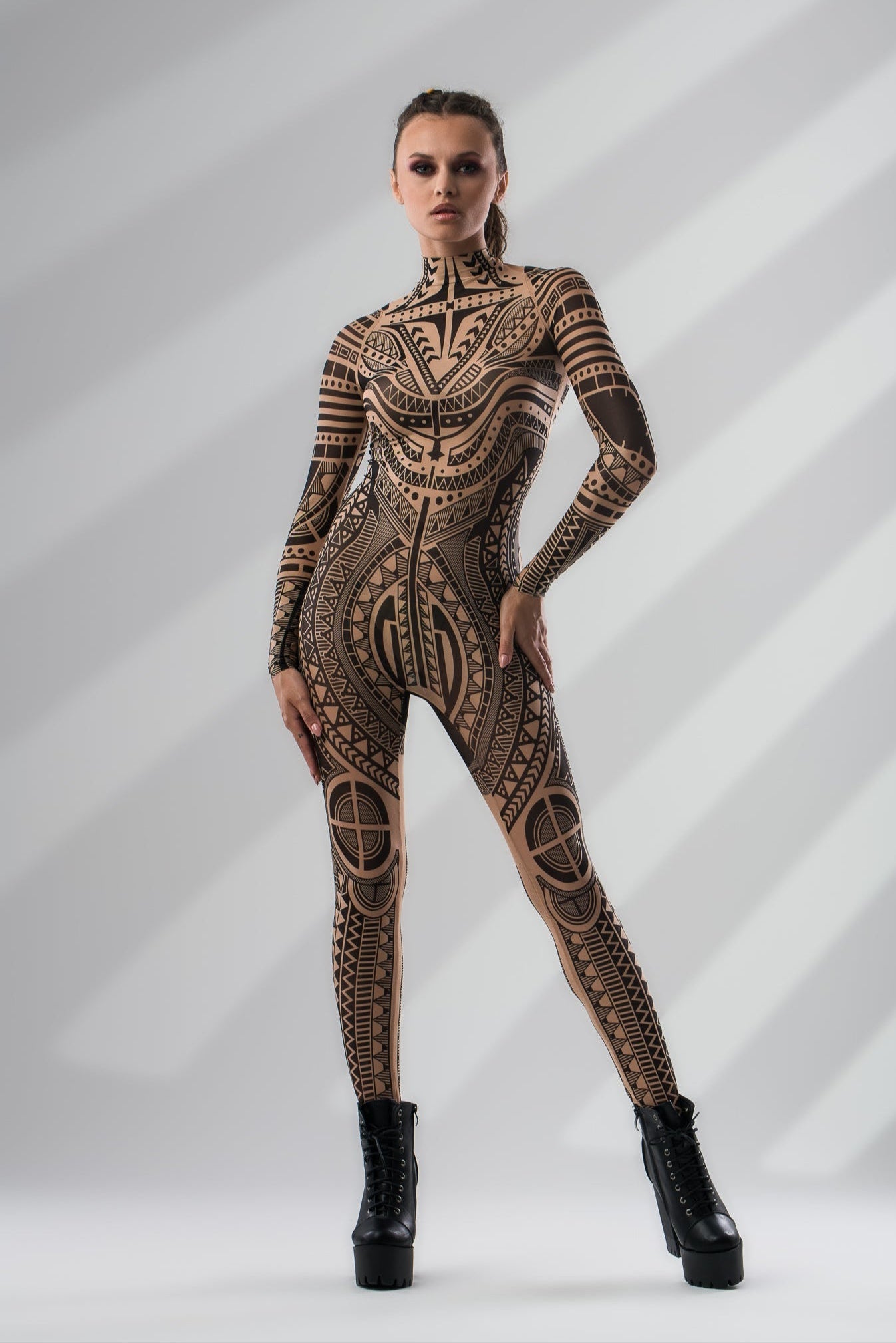 Full front view of MAJESTIC TRIBAL Tattoo Catsuit for Women – featuring bold tribal tattoo design and sleek silhouette.