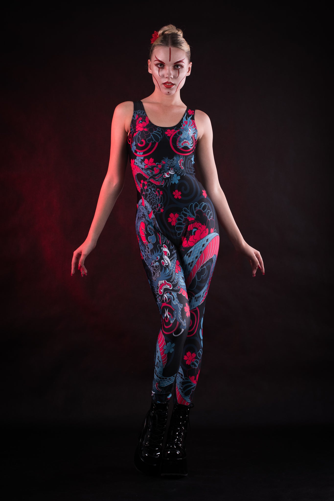 Woman posing in the Oriental Blossom costume, highlighting the detailed floral design and elegant fit, great for Halloween, cosplay, or as a unique festival outfit.