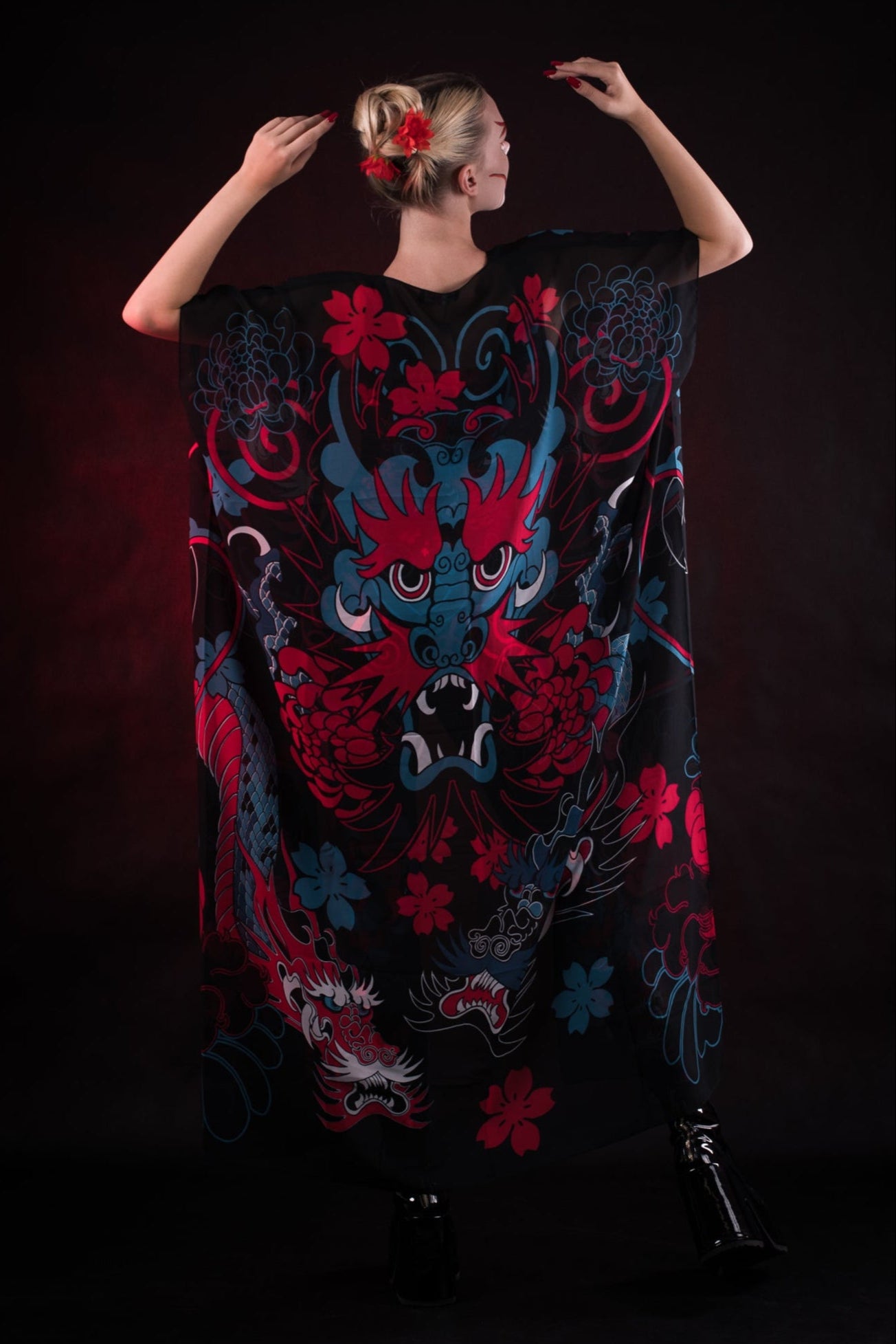 Oriental Blossom Kimono for women, featuring an elegant floral design, perfect for Halloween, festivals, or as a statement fashion piece.