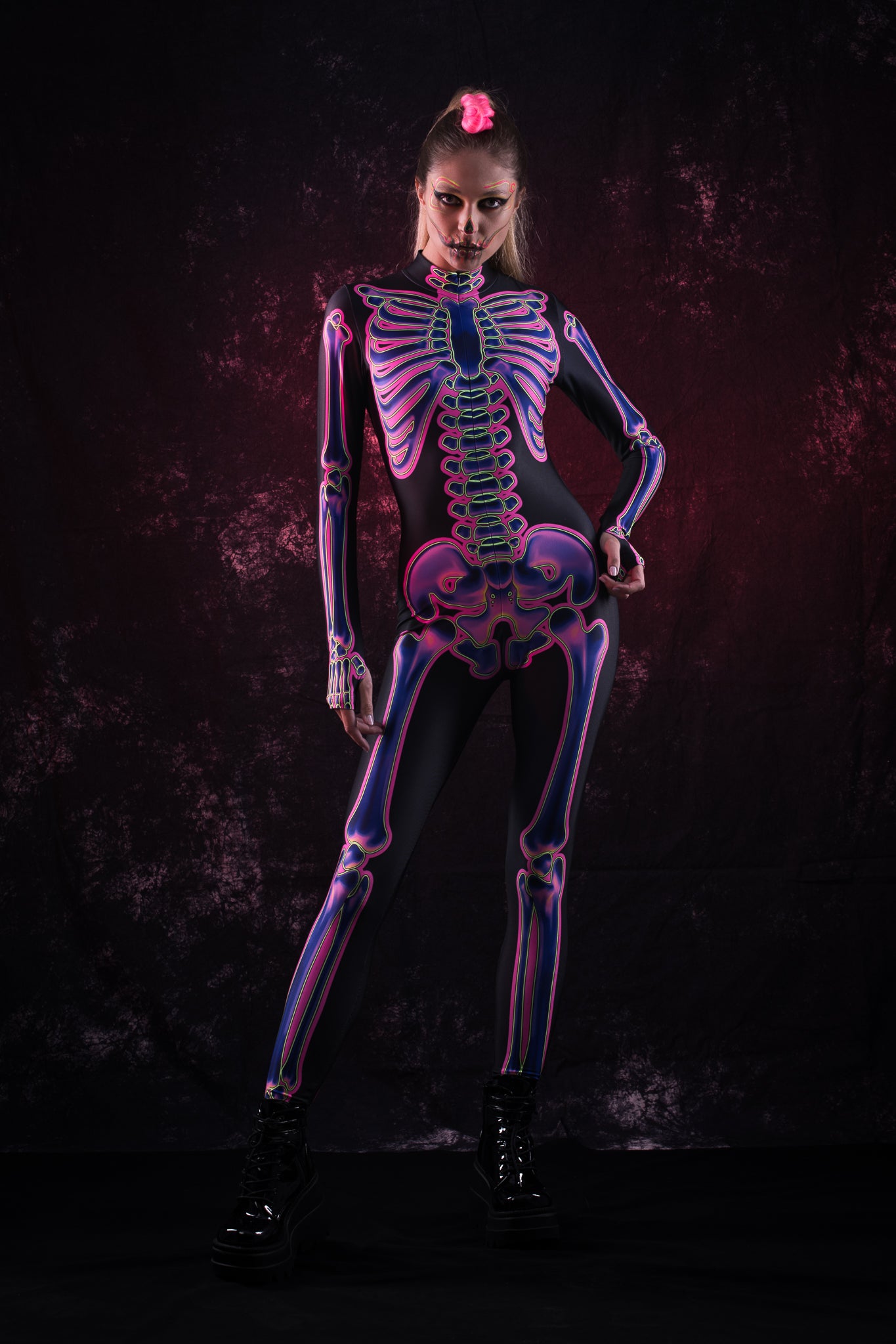neon skeleton dress Womens Neon Skeleton Costume Black Pink Rainbow Dress Halloween Adult S M NEW