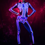 UV Reactive Skeleton Halloween costume for women, featuring a neon pink skeleton design, perfect for Halloween parties or UV-reactive festival outfits.