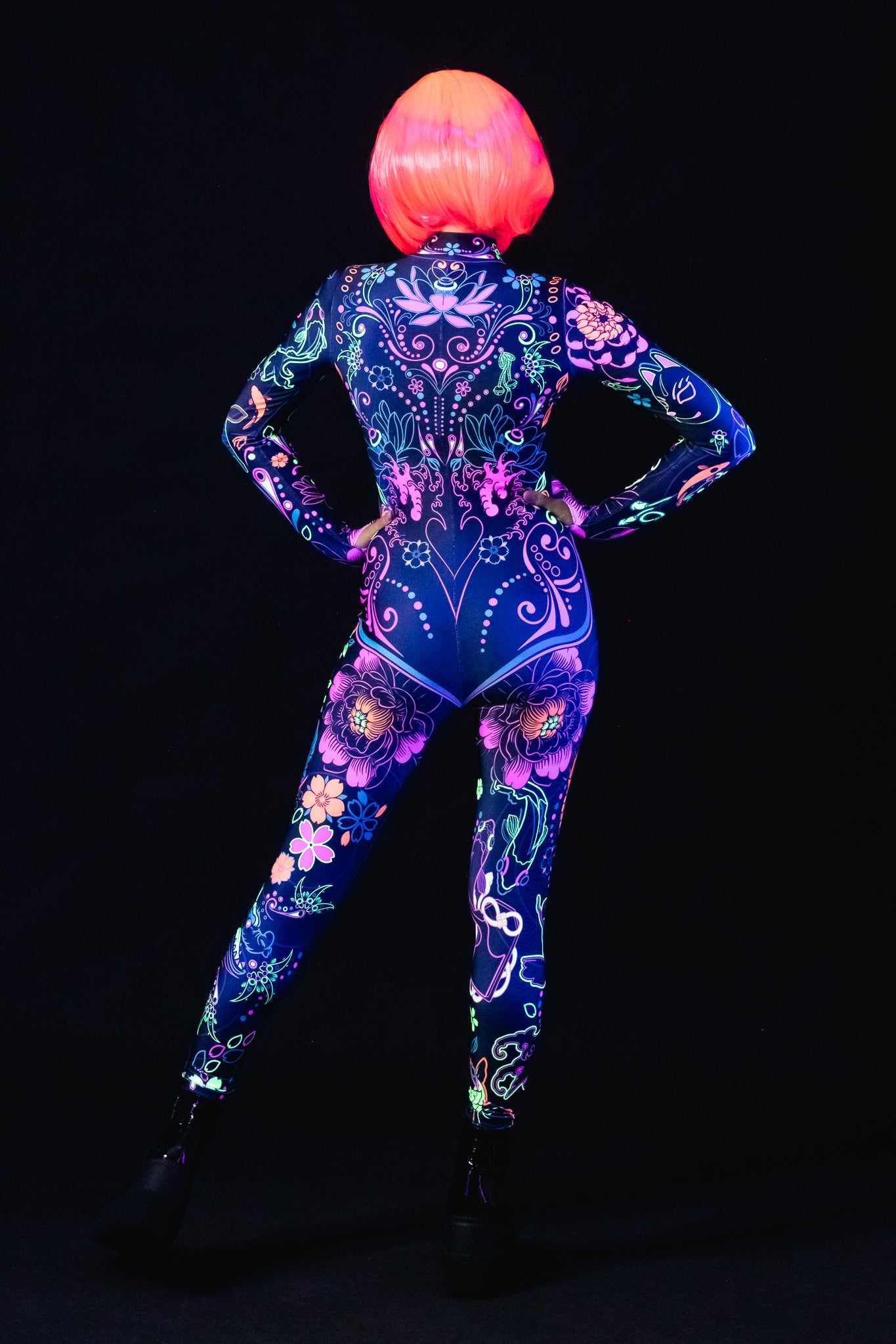 Close-up of the Japanese tattoo-style design on the Yakuza UV Reactive costume, showcasing neon patterns that illuminate under UV lighting.