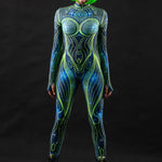 Neon Cosmic Outline UV Reactive costume for women, featuring a futuristic cosmic design with neon outlines that glow under UV light, perfect for Halloween, raves, or festivals.