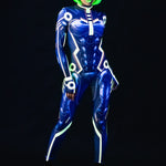 Cyber Tron UV Reactive costume for women, featuring a futuristic full-body design with neon accents that glow under UV light, ideal for raves, festivals, or Halloween.