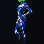 Woman posing in the Cyber Tron UV Reactive costume, highlighting the futuristic design and UV-reactive neon glow, great for festivals, raves, or Halloween.