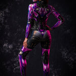 Energetic rear pose of a woman in a violet android catsuit, highlighting the suit’s futuristic design and perfect fit for cosplay and themed events.