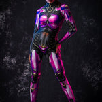 Woman posing dynamically in a violet android catsuit, emphasizing flexibility, style, and futuristic cyberpunk elements of the costume.