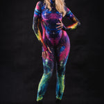 Galaxy Explorer costume front view with model looking sideways, highlighting the vibrant cosmic design and form-fitting fit for sci-fi cosplay.