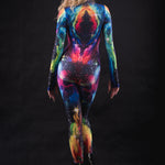 Rear view of Galaxy Explorer full body catsuit, displaying detailed cosmic print and tailored fit ideal for Halloween, cosplay, and festivals.