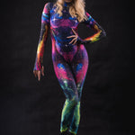 Galaxy Explorer costume worn by model in dynamic front pose with lowered arm, emphasizing flexibility and cosmic-inspired design of the catsuit.