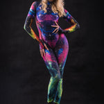 Woman wearing Galaxy Explorer costume with hands on hips, showcasing sleek futuristic design and form-fitting full body catsuit perfect for sci-fi events.