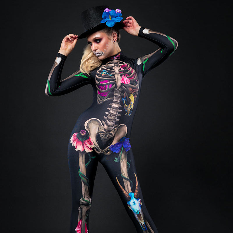 Skeleton Halloween costume featuring skulls, bones and floral details