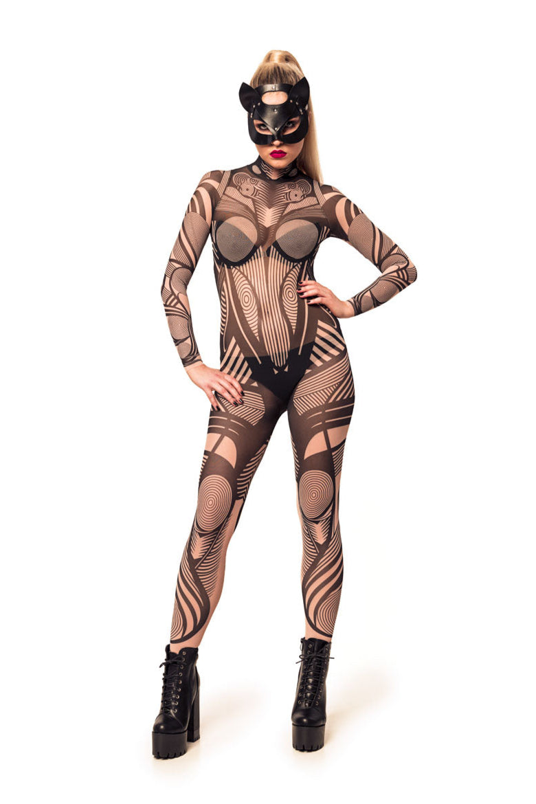 Front view of HYPNOTIC STYLE Tattoo Catsuit for Women – confident pose with hands lightly resting on hips, model wearing cat mask for bold, playful effect.