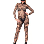Front view of HYPNOTIC STYLE Tattoo Catsuit for Women – confident pose with hands lightly resting on hips, model wearing cat mask for bold, playful effect.
