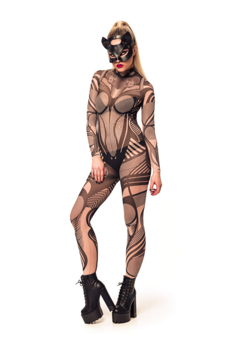 Left side view of HYPNOTIC STYLE Tattoo Catsuit for Women – highlighting the sleek silhouette and dynamic tattoo effect.