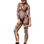 Left side view of HYPNOTIC STYLE Tattoo Catsuit for Women – highlighting the sleek silhouette and dynamic tattoo effect.