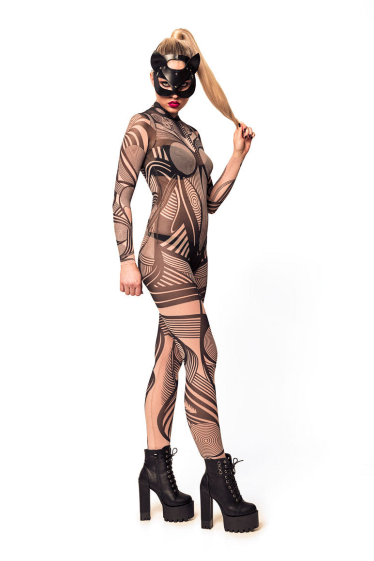 Right side view of HYPNOTIC STYLE Tattoo Catsuit for Women – model in cat mask, emphasizing the flow and details of the hypnotic patterns.