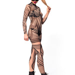 Right side view of HYPNOTIC STYLE Tattoo Catsuit for Women – model in cat mask, emphasizing the flow and details of the hypnotic patterns.