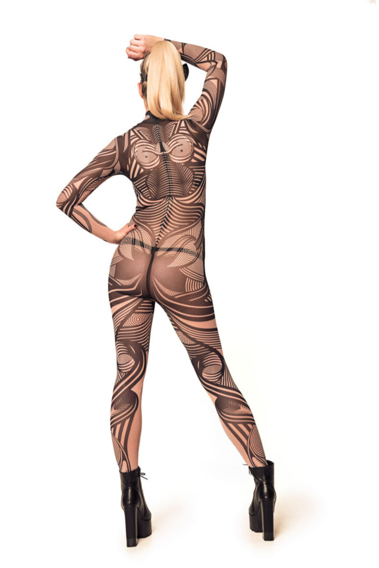 Back view of HYPNOTIC STYLE Tattoo Catsuit for Women – model posing with one arm raised, adding dynamic energy to the tribal design.