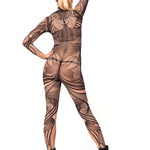 Back view of HYPNOTIC STYLE Tattoo Catsuit for Women – model posing with one arm raised, adding dynamic energy to the tribal design.