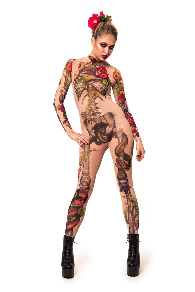 Dynamic front view of JUNGLE SNAKES Tattoo Skeleton Catsuit for Women – model captured in motion, showcasing the vibrant tattoo-effect design.