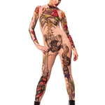 Dynamic front view of JUNGLE SNAKES Tattoo Skeleton Catsuit for Women – model captured in motion, showcasing the vibrant tattoo-effect design.