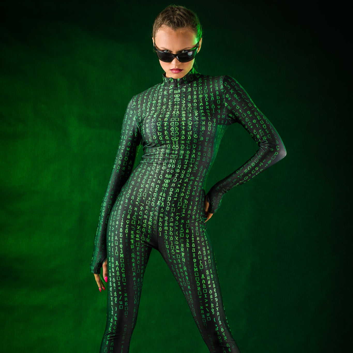 Matrix-inspired Halloween costume with green digital code pattern