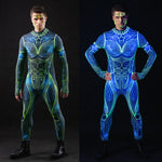 Man wearing the Neon Cosmic Outline UV Reactive costume, a full-body suit with vibrant cosmic neon outlines, ideal for Halloween parties or festival events.