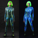 Woman wearing the Neon Cosmic Outline UV Reactive costume, a full-body suit with vibrant neon outlines that light up under UV, ideal for Halloween or cosmic-themed events.