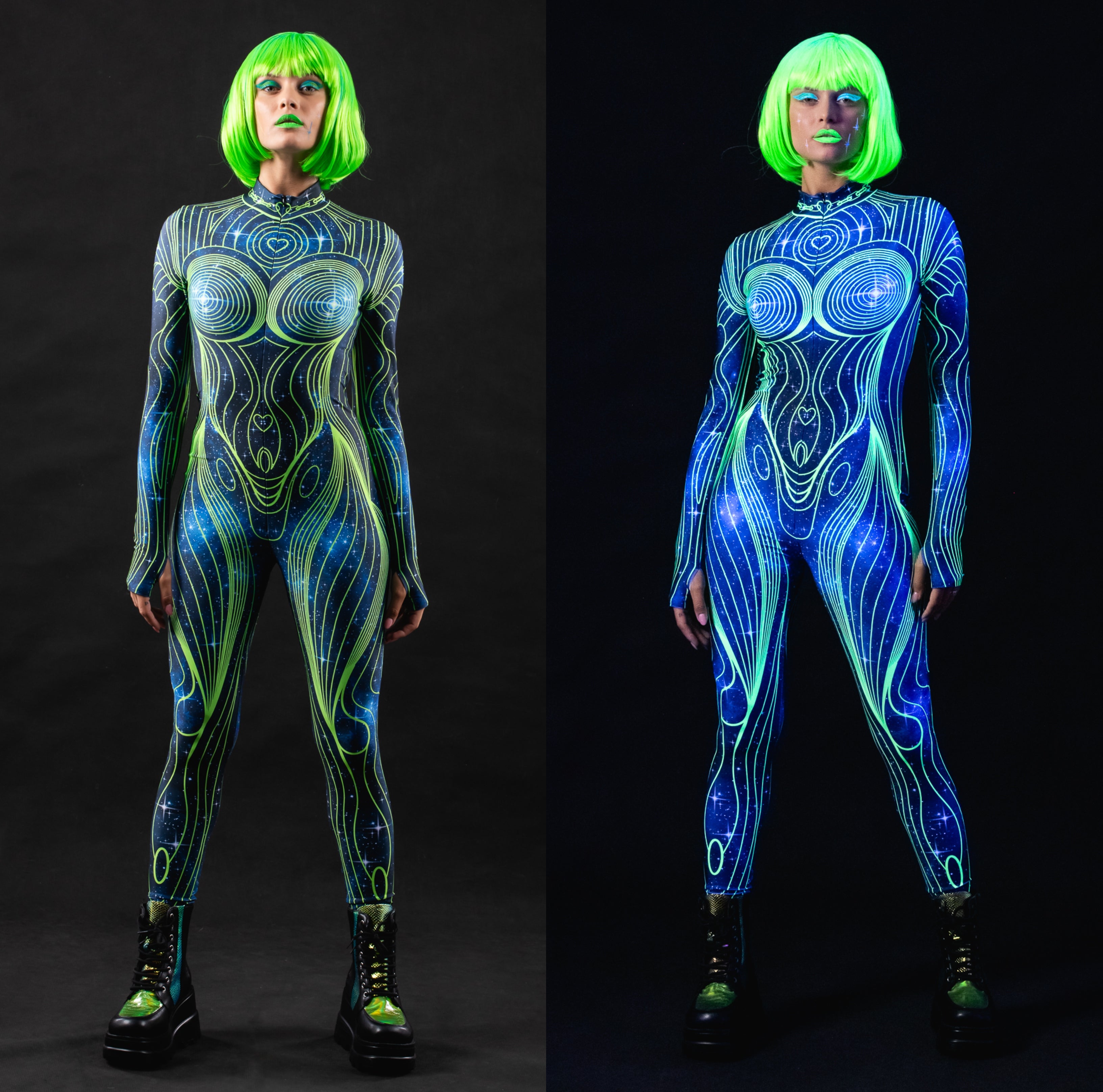 Woman wearing the Neon Cosmic Outline UV Reactive costume, a full-body suit with vibrant neon outlines that light up under UV, ideal for Halloween or cosmic-themed events.