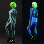 Woman posing in the Neon Cosmic Outline UV Reactive costume, highlighting the cosmic-themed neon outline design that glows under UV light, perfect for raves, festivals, or Halloween parties.