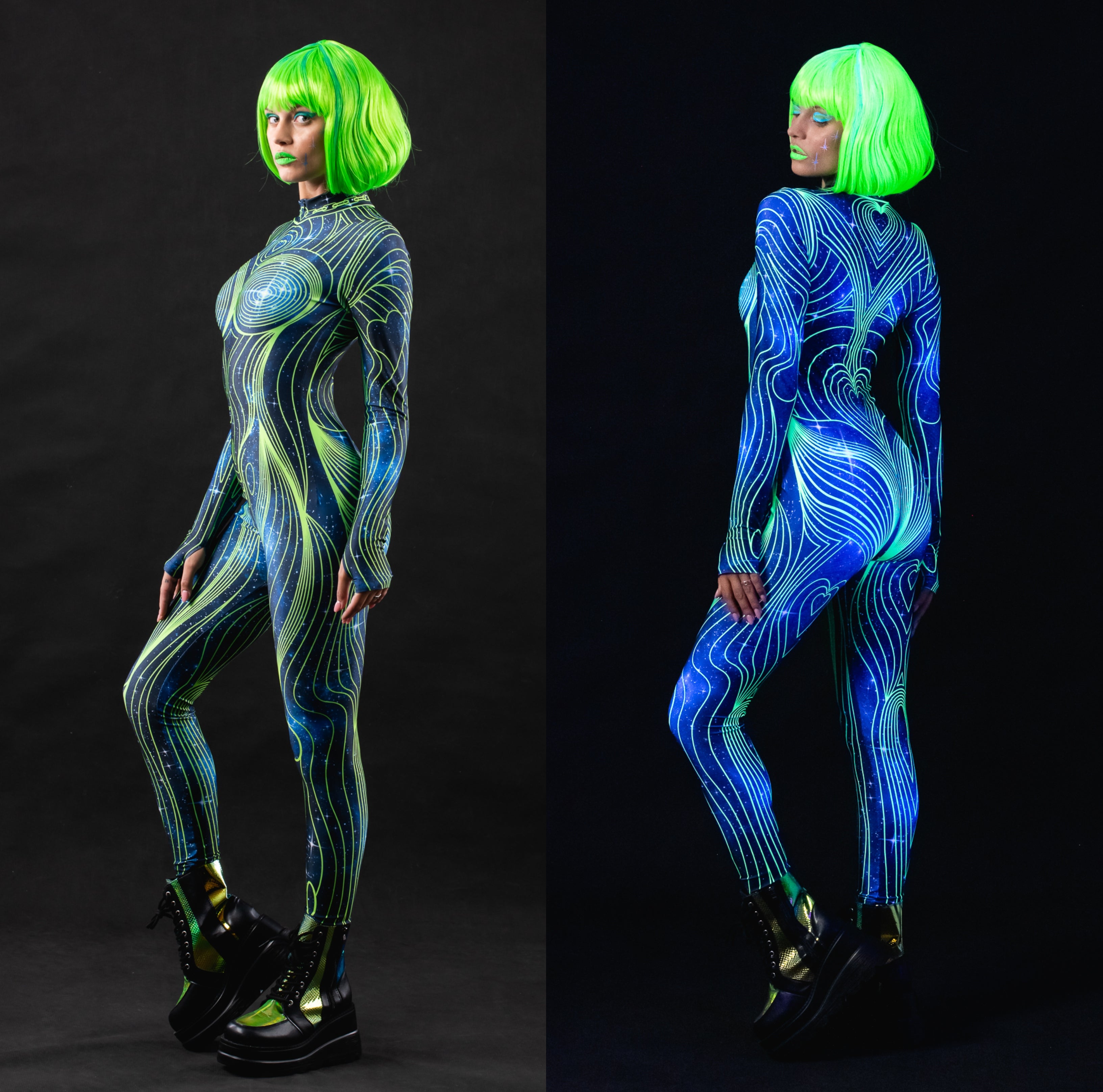 Woman posing in the Neon Cosmic Outline UV Reactive costume, highlighting the cosmic-themed neon outline design that glows under UV light, perfect for raves, festivals, or Halloween parties.