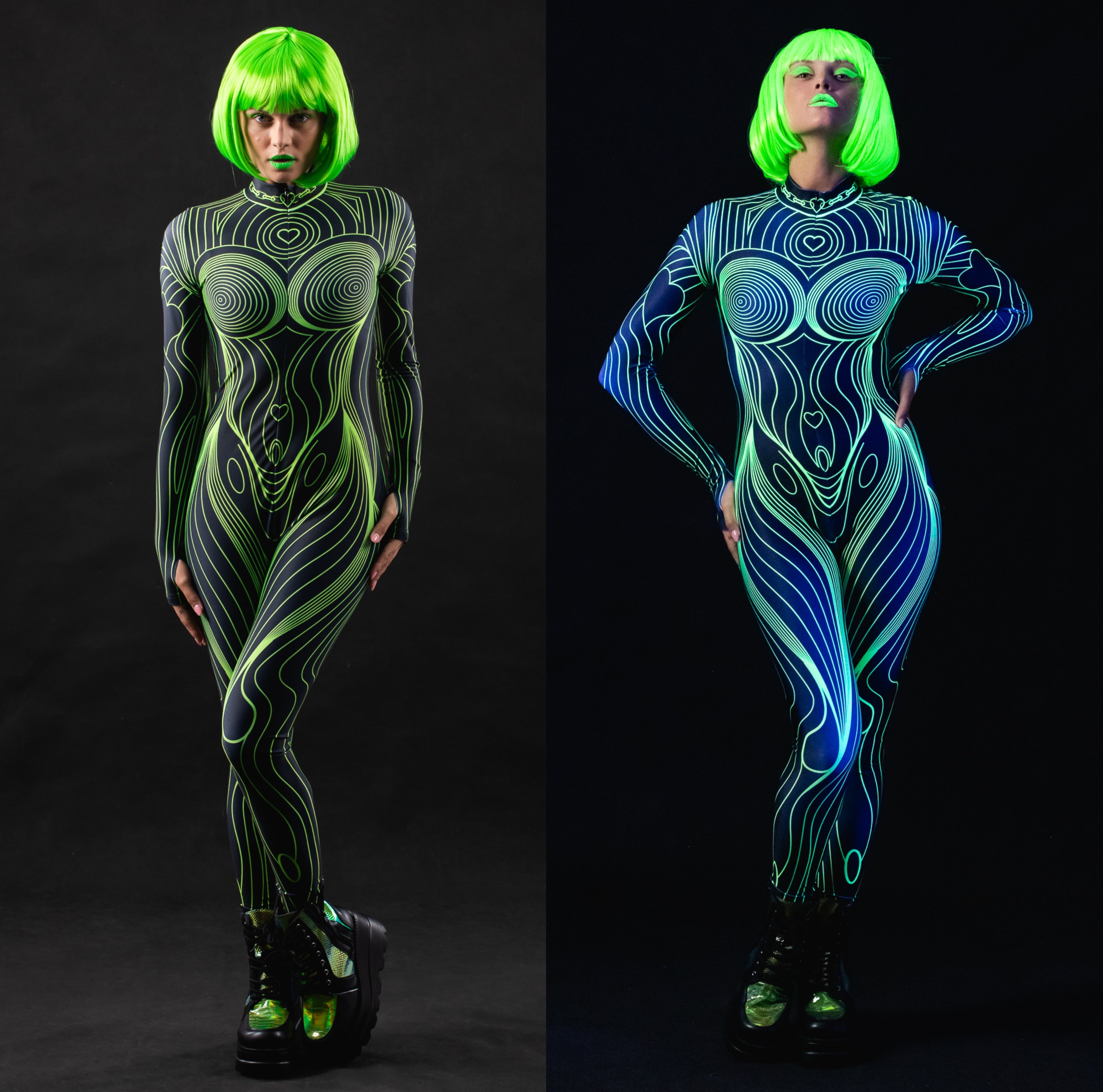 Woman wearing the Neon Outline UV Reactive costume, a vibrant suit with UV glow accents, perfect for festivals or Halloween parties.