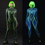 Neon Outline UV Reactive costume for women, featuring a full-body design with glowing neon accents, ideal for Halloween, rave, or festival events.