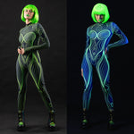 Woman posing in the Neon Outline UV Reactive costume, highlighting the glowing neon outline design under UV light, ideal for raves, festivals, or Halloween.