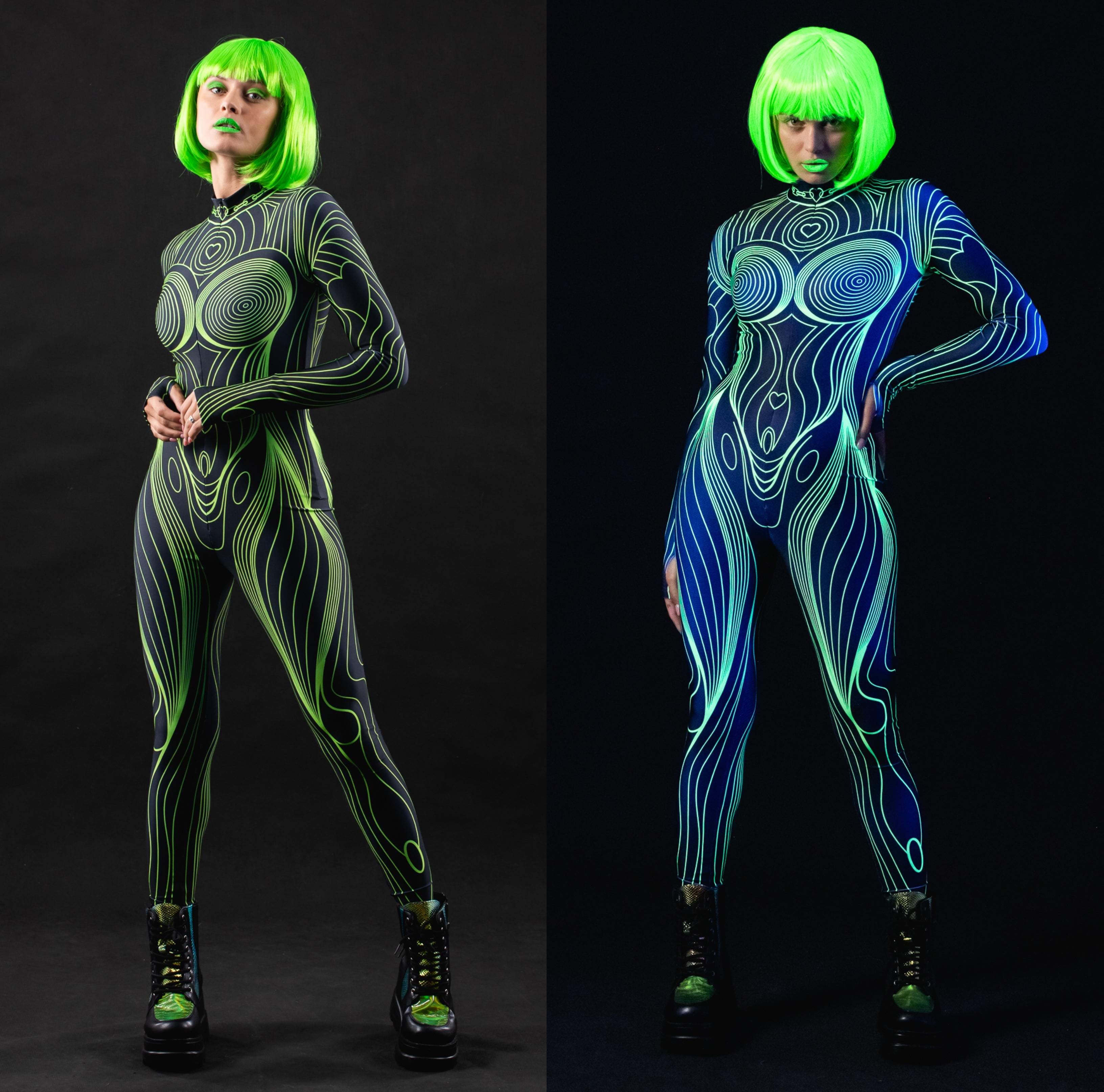 Woman posing in the Neon Outline UV Reactive costume, highlighting the glowing neon outline design under UV light, ideal for raves, festivals, or Halloween.